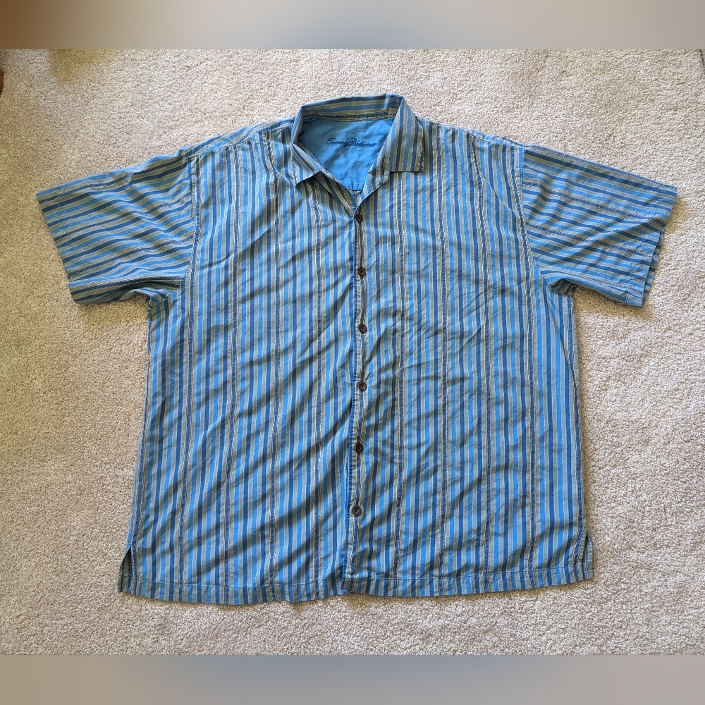 Tommy Bahama Blue Brown Striped Silk Blend Short Sleeve Button up Shirt